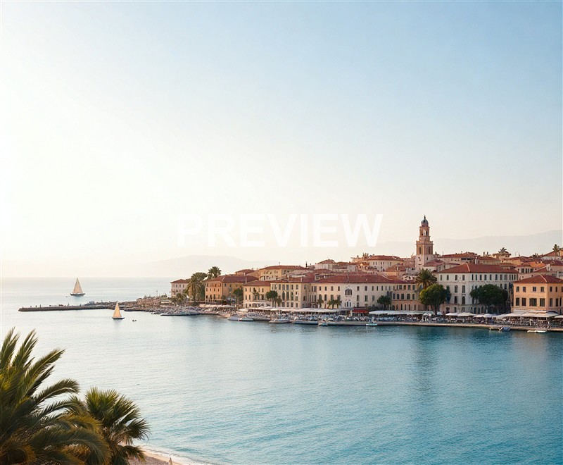A coastal town with historic buildings, a lighthouse, palm trees, and sailboats on calm water, with mountains faintly visible in the background.